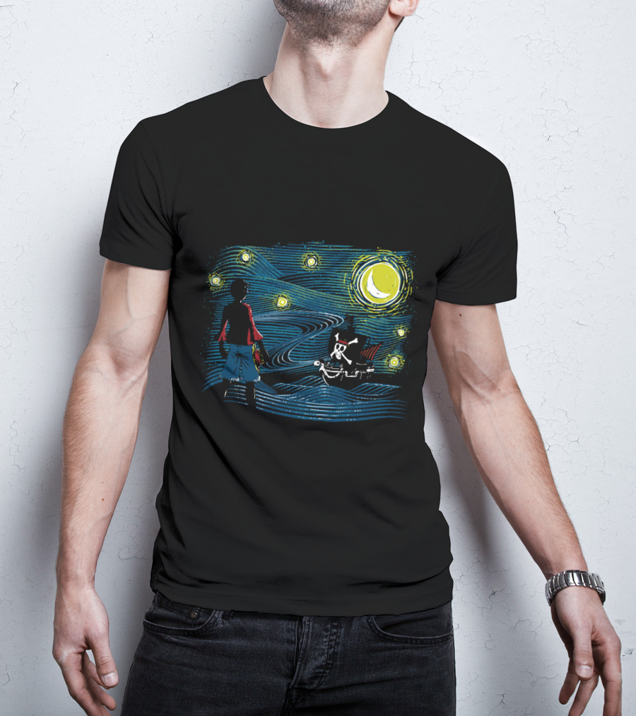Starry Sea Voyage With Pirate Ship Under Starry Night Sky T-Shirt