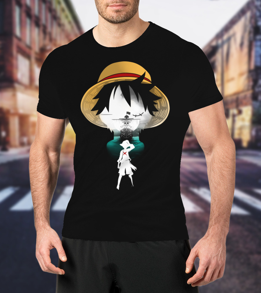 Strawhat Pirate Silhouette Design With Iconic Ship And Sea Adventure T-Shirt