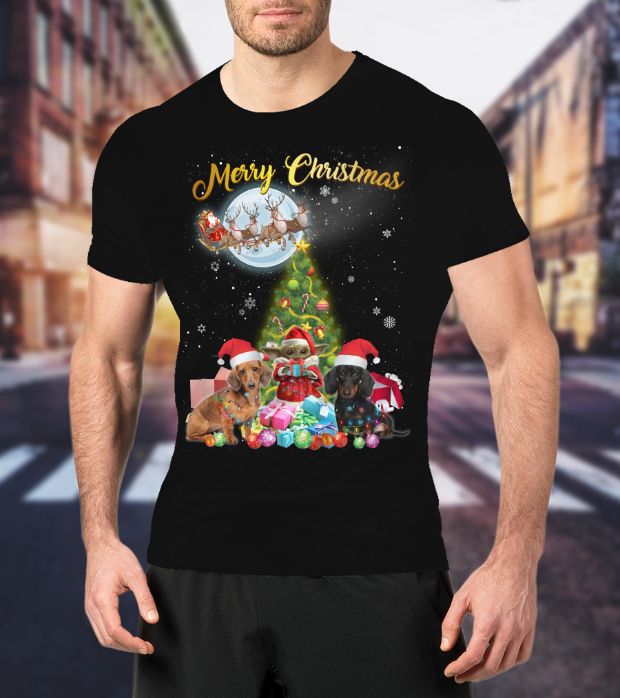 Merry Christmas Dachshund Santa Sleigh Gifts Tree T-Shirt