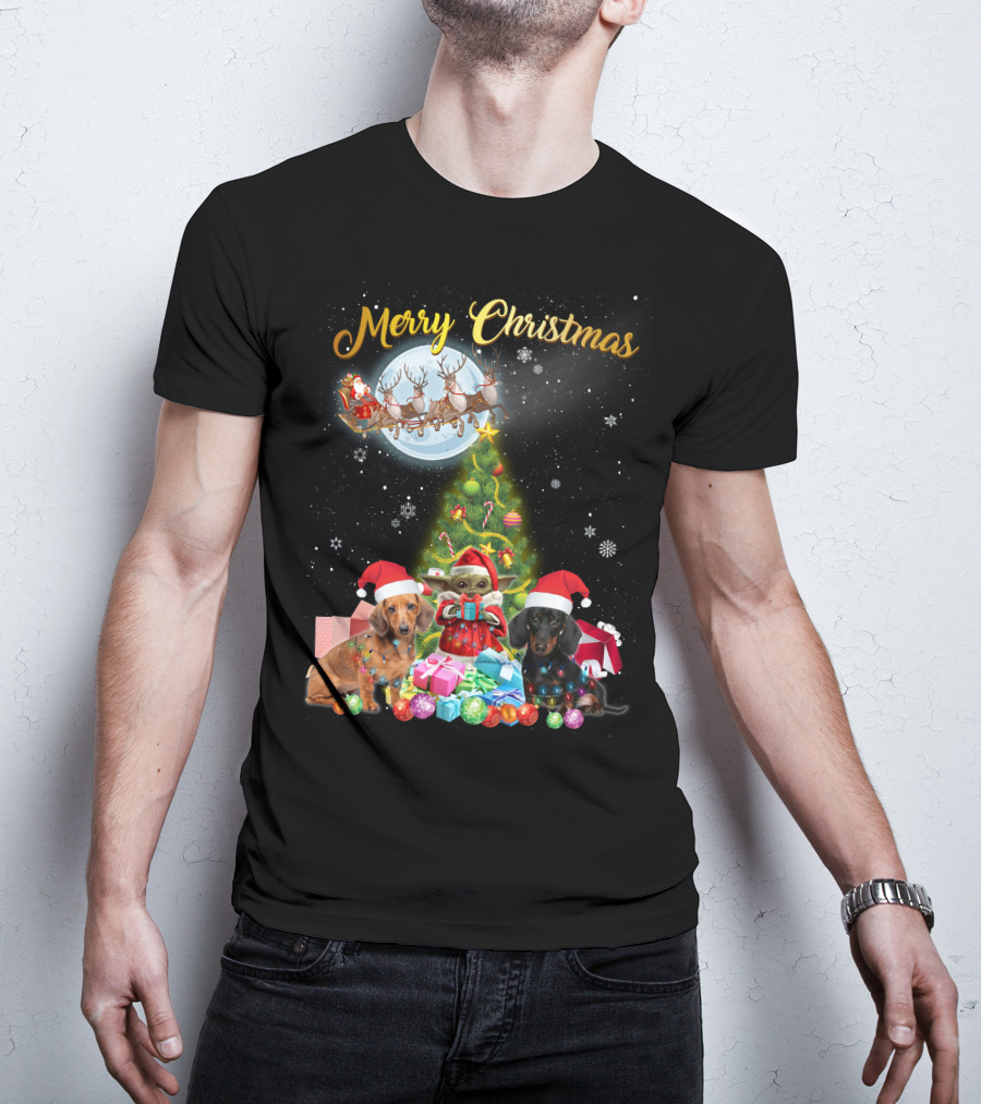 Merry Christmas Dachshund Santa Sleigh Gifts Tree T-Shirt