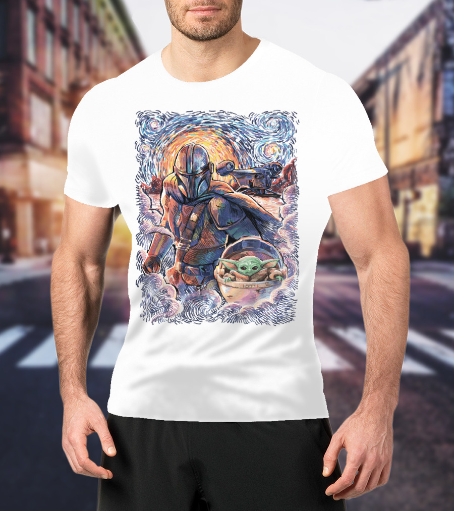 Star Wars Mandalorian Starry Night Grogu Painting T-Shirt