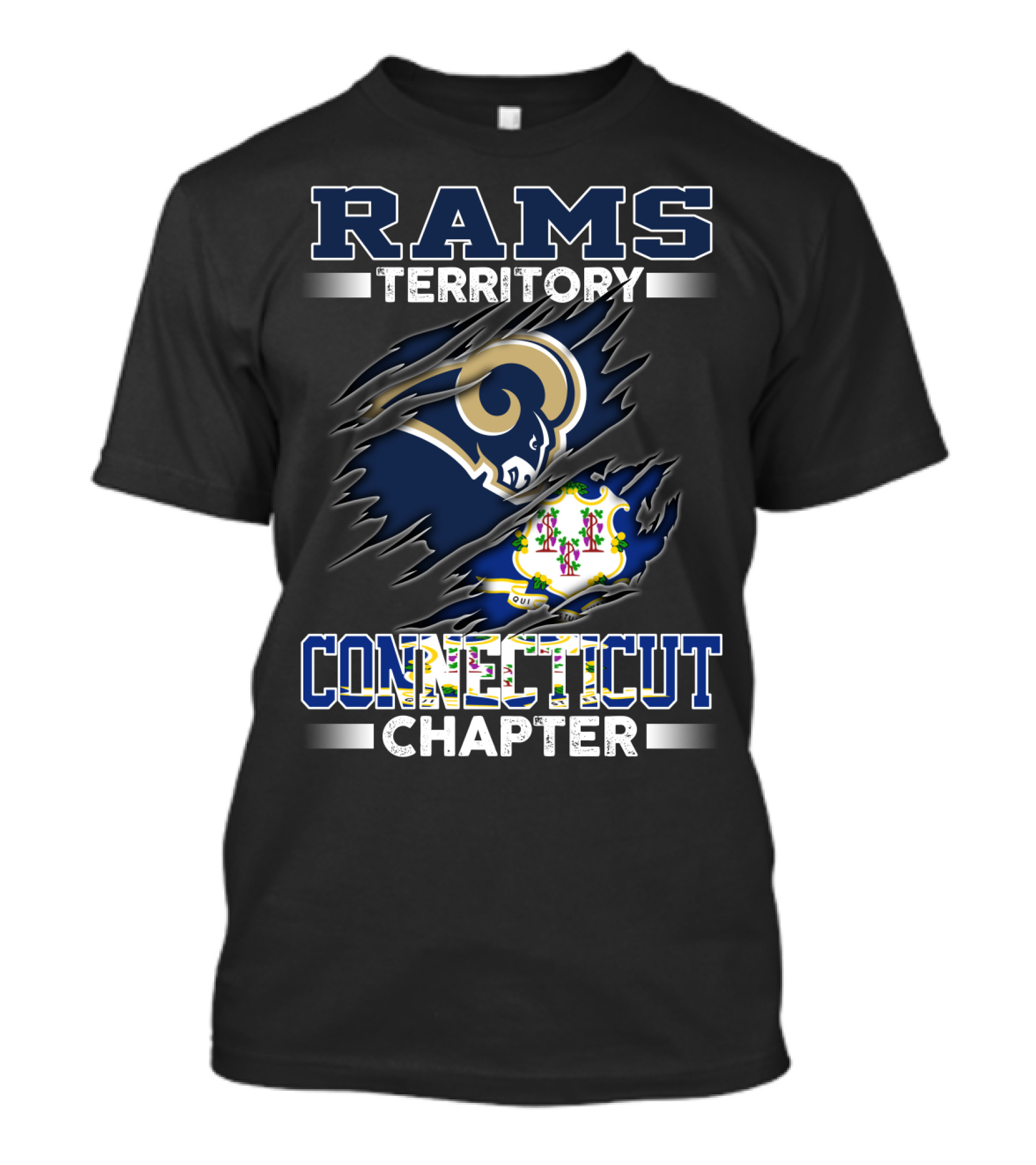 Rams Territory Connecticut Chapter Blue And White Design With Iconic Ram Logo And Connecticut State Symbol T-Shirt