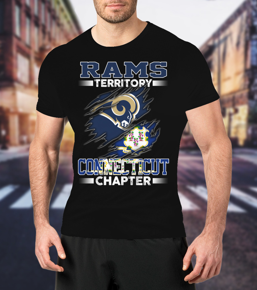 Rams Territory Connecticut Chapter Blue And White Design With Iconic Ram Logo And Connecticut State Symbol T-Shirt