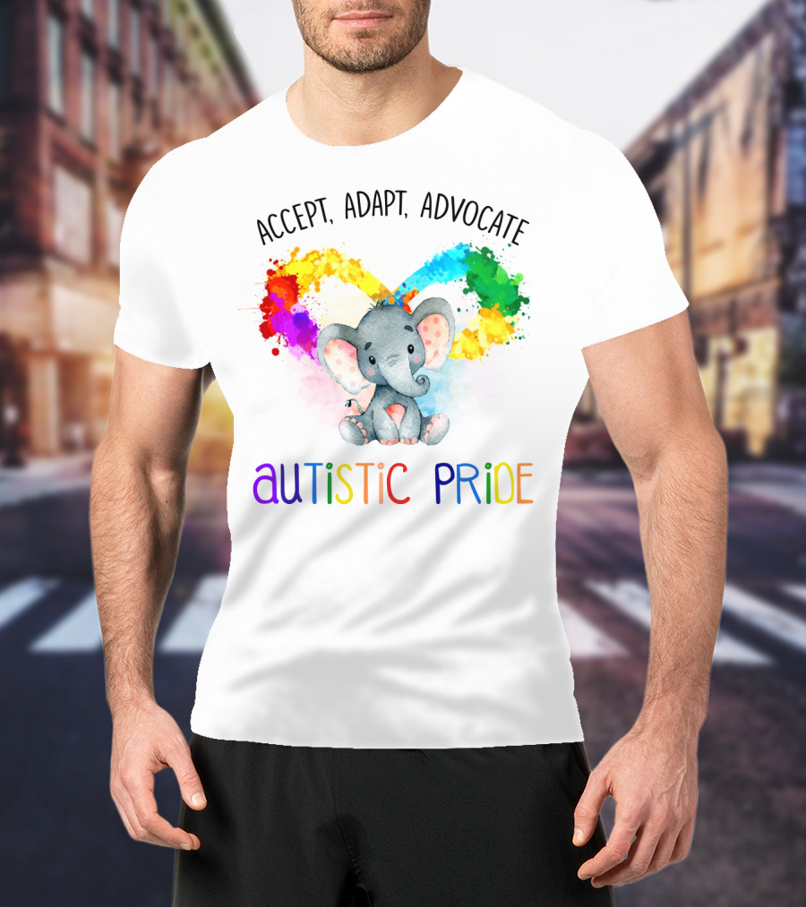 Accept, Adapt, Advocate Autistic Pride Colorful Elephant T-Shirt