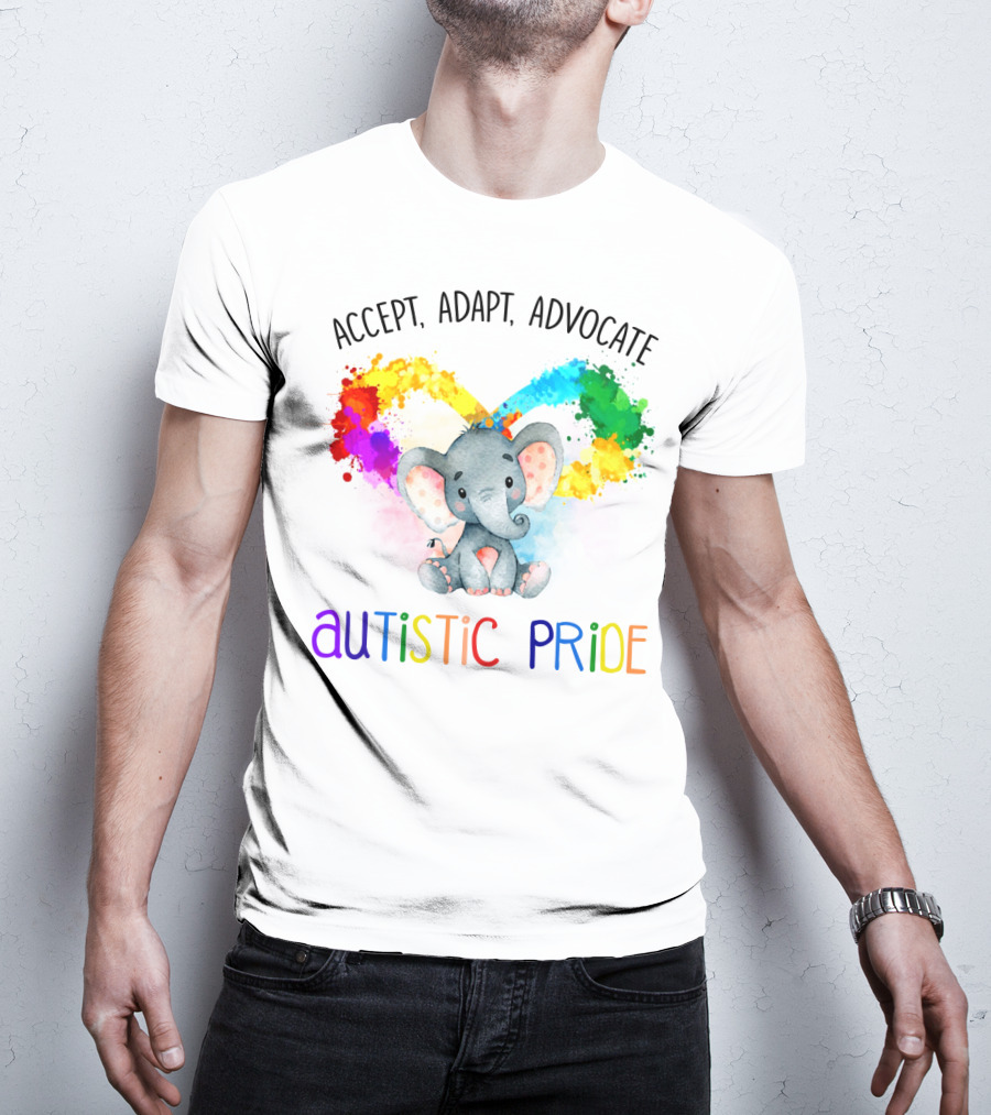 Accept, Adapt, Advocate Autistic Pride Colorful Elephant T-Shirt
