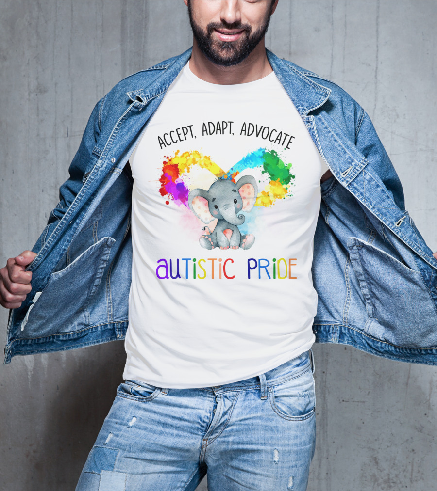 Accept, Adapt, Advocate Autistic Pride Colorful Elephant T-Shirt