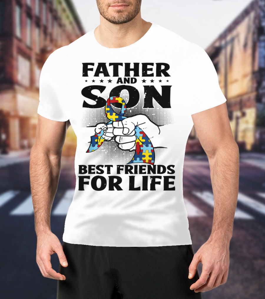 Father And Son Best Friends For Life Autism Puzzle Ribbon Fist Bump T-Shirt