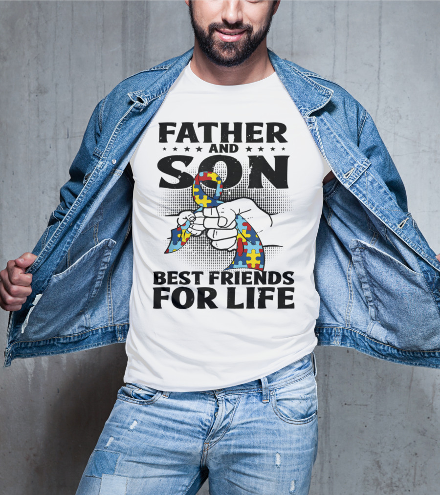 Father And Son Best Friends For Life Autism Puzzle Ribbon Fist Bump T-Shirt