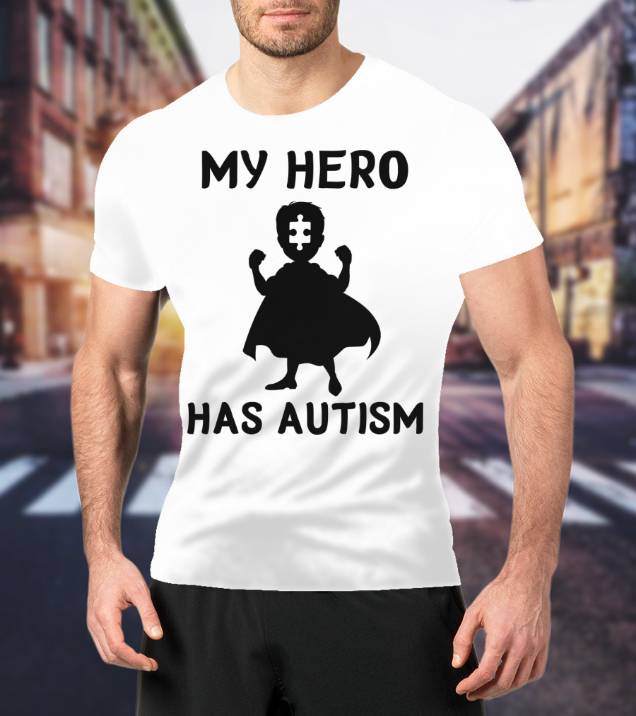 My Hero Has Autism Silhouette With Puzzle Piece Face T-Shirt