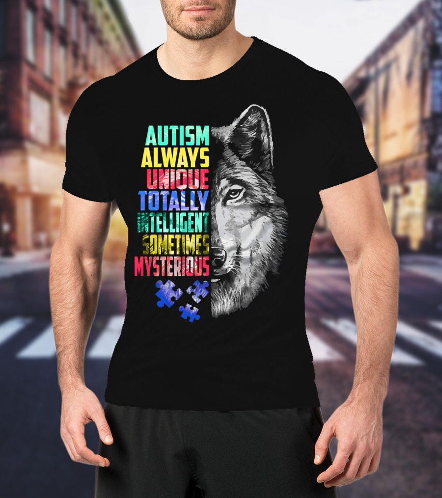 Autism Always Unique Totally Intelligent Sometimes Mysterious Wolf Puzzle T-Shirt