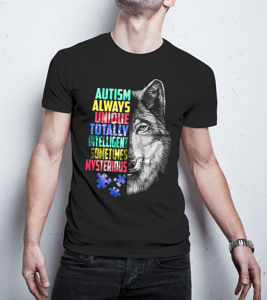Autism Always Unique Totally Intelligent Sometimes Mysterious Wolf Puzzle T-Shirt