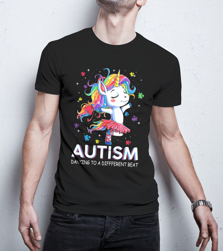 Autism Dancing To A Different Beat Unicorn Puzzle Pieces Rainbow Hair T-Shirt