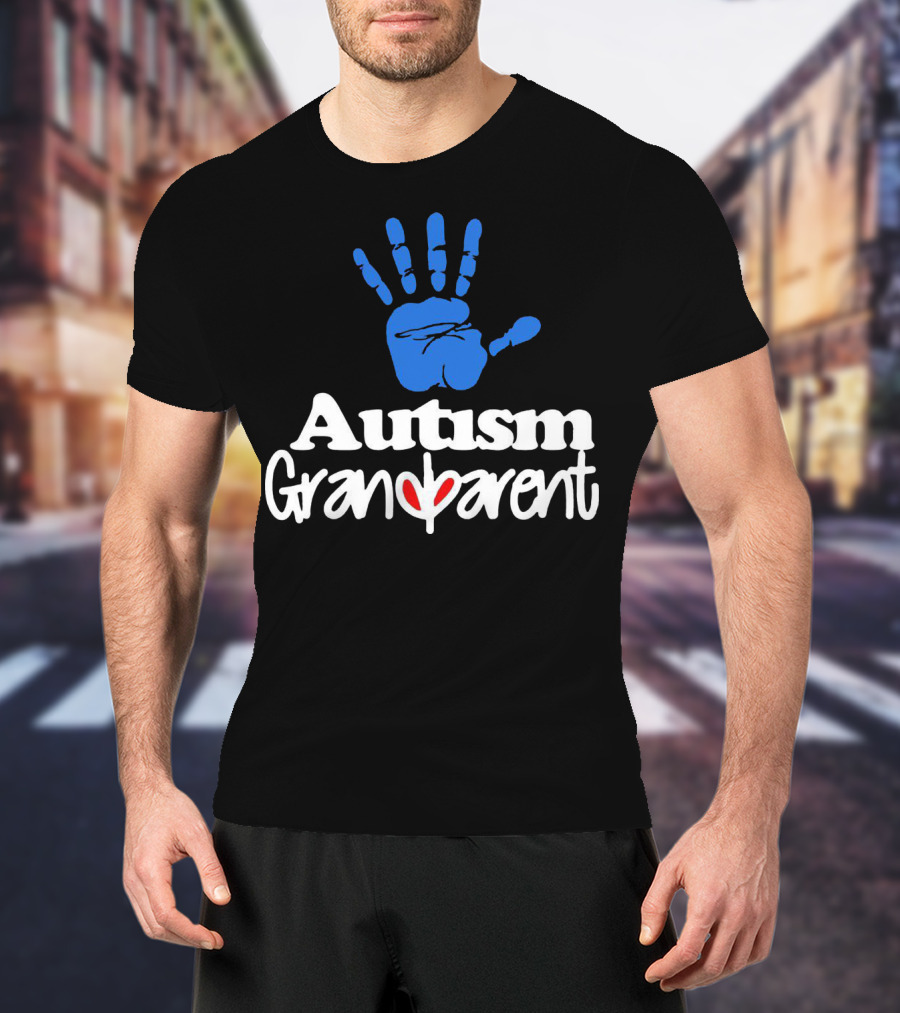 Autism Grandparent Blue Handprint Red Heart Inclusion T-Shirt