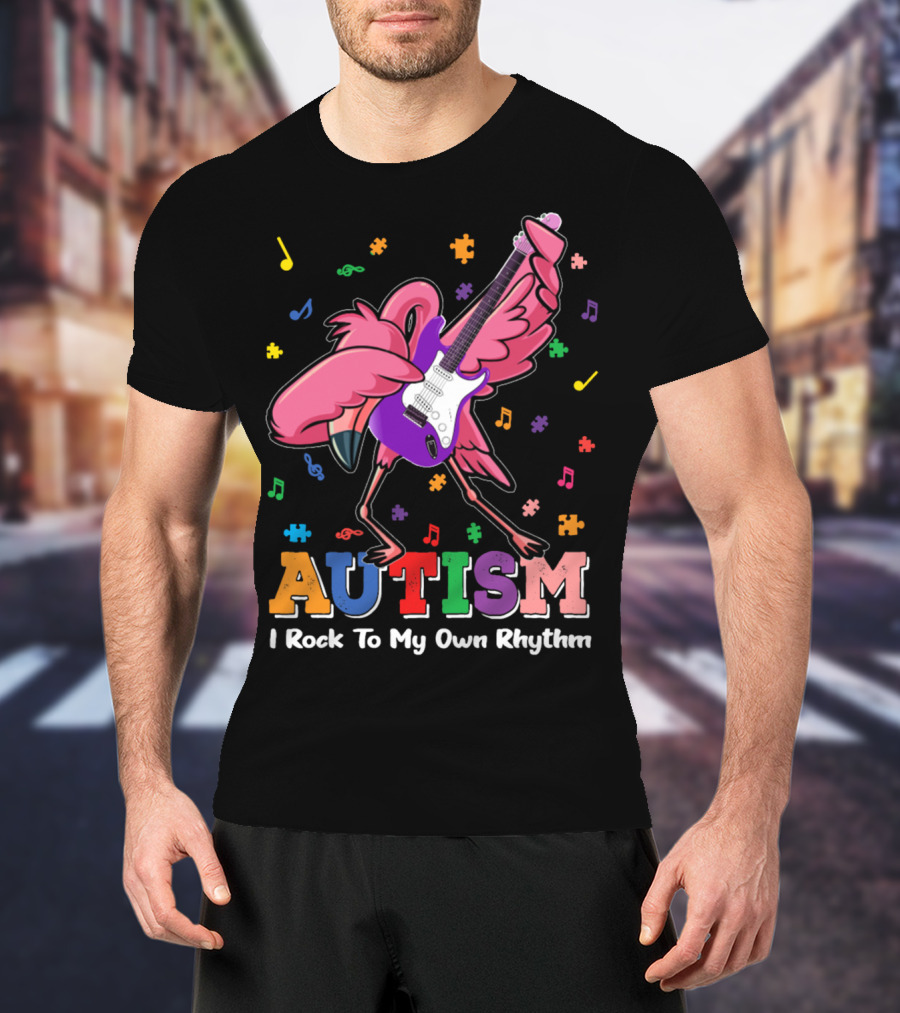 Autism I Rock To My Own Rhythm Flamingo With Guitar And Puzzle Pieces T-Shirt