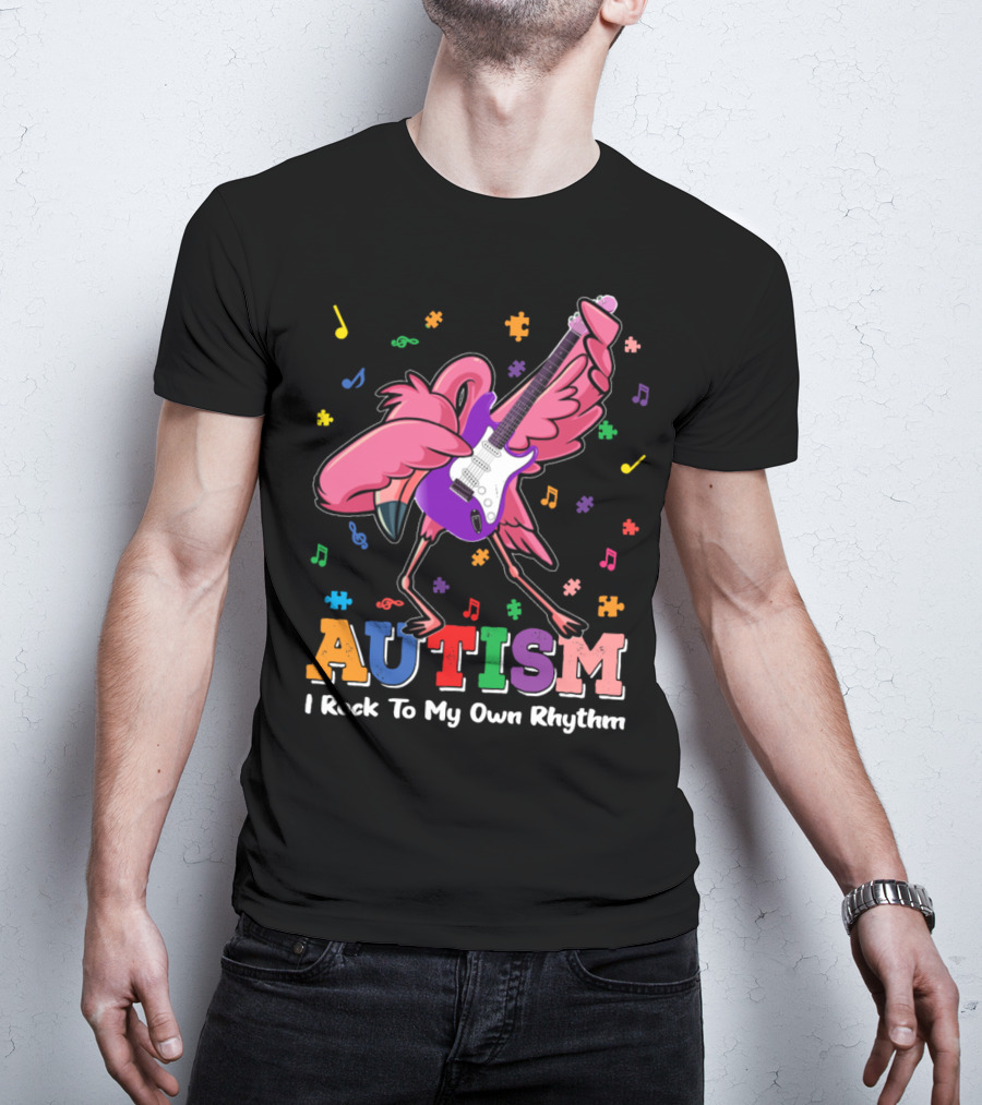 Autism I Rock To My Own Rhythm Flamingo With Guitar And Puzzle Pieces T-Shirt