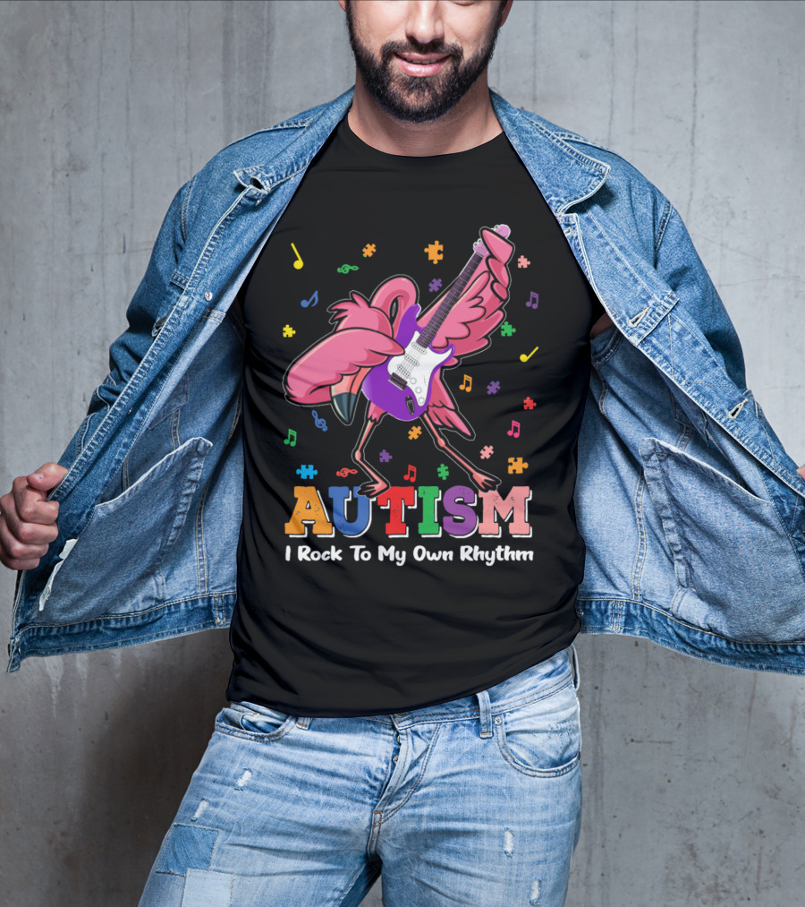 Autism I Rock To My Own Rhythm Flamingo With Guitar And Puzzle Pieces T-Shirt