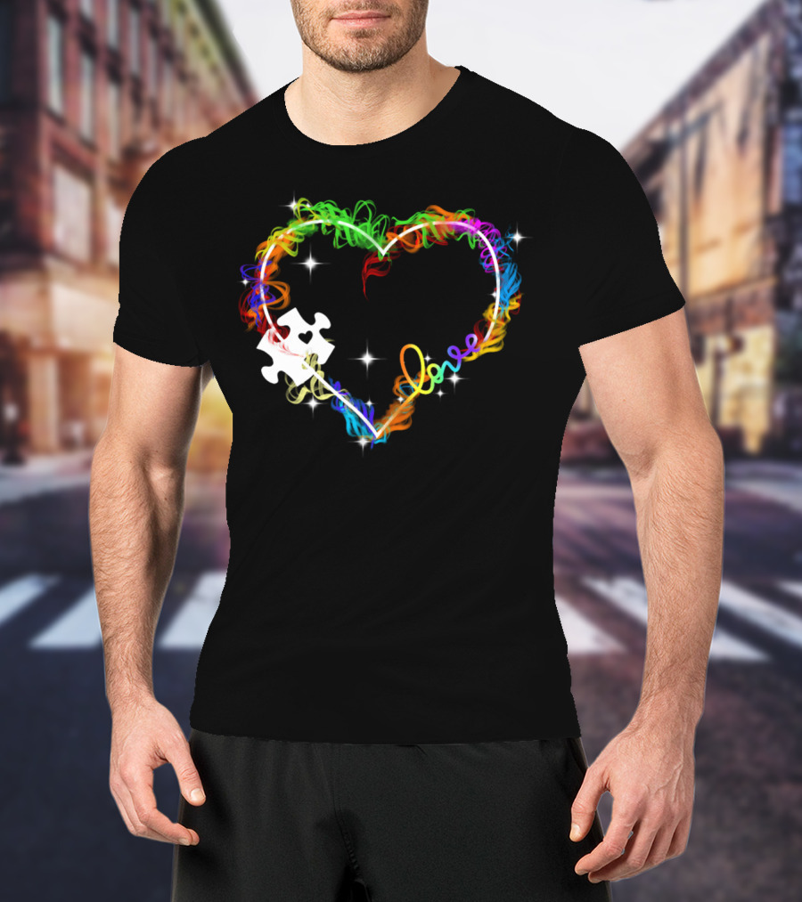 Love Heart Rainbow Puzzle Autism T-Shirt
