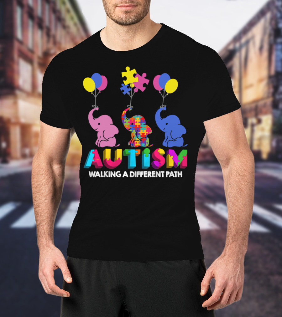 Autism Walking A Different Path Colorful Elephants And Balloons T-Shirt