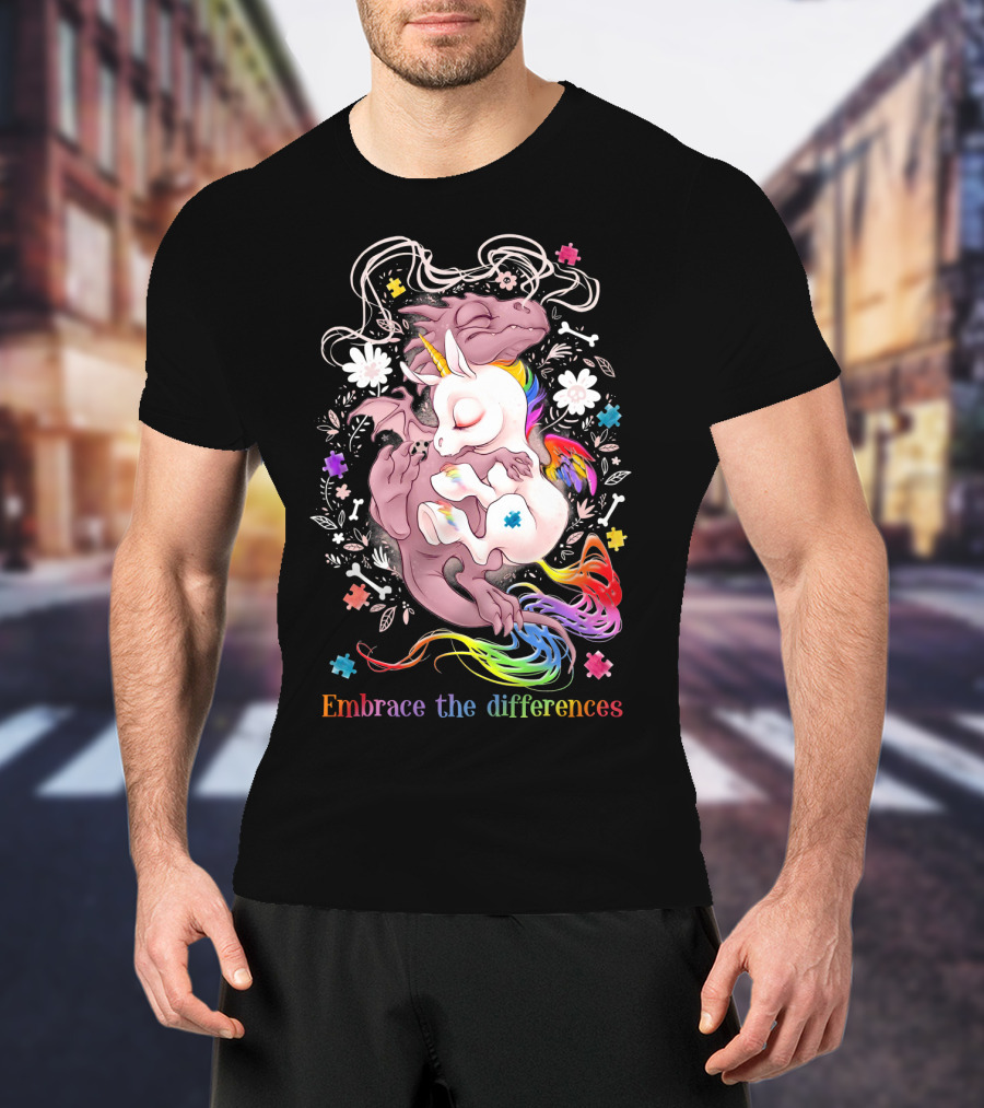 Embrace The Differences Unicorn And Dragon Rainbow Puzzle Flowers T-Shirt