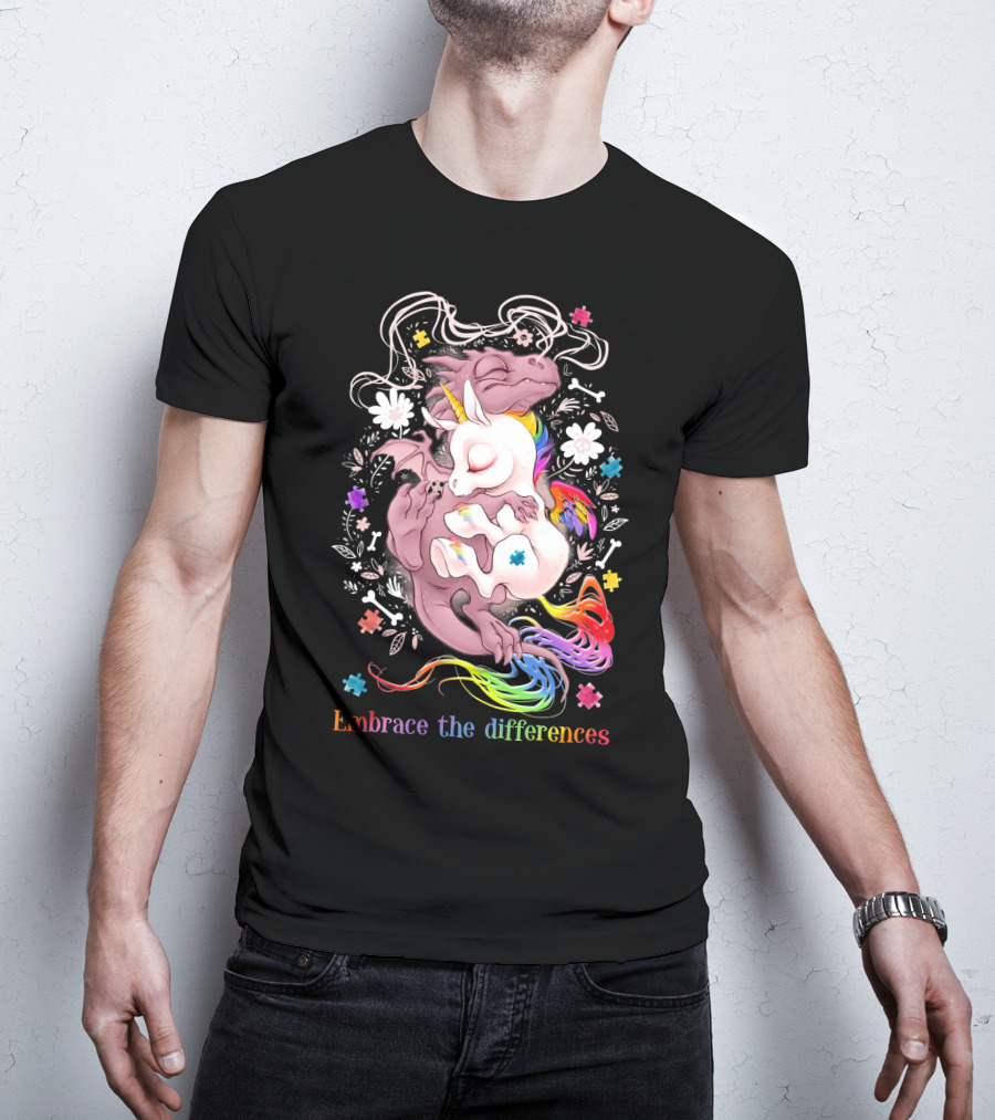 Embrace The Differences Unicorn And Dragon Rainbow Puzzle Flowers T-Shirt