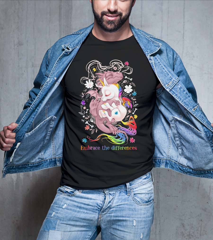 Embrace The Differences Unicorn And Dragon Rainbow Puzzle Flowers T-Shirt
