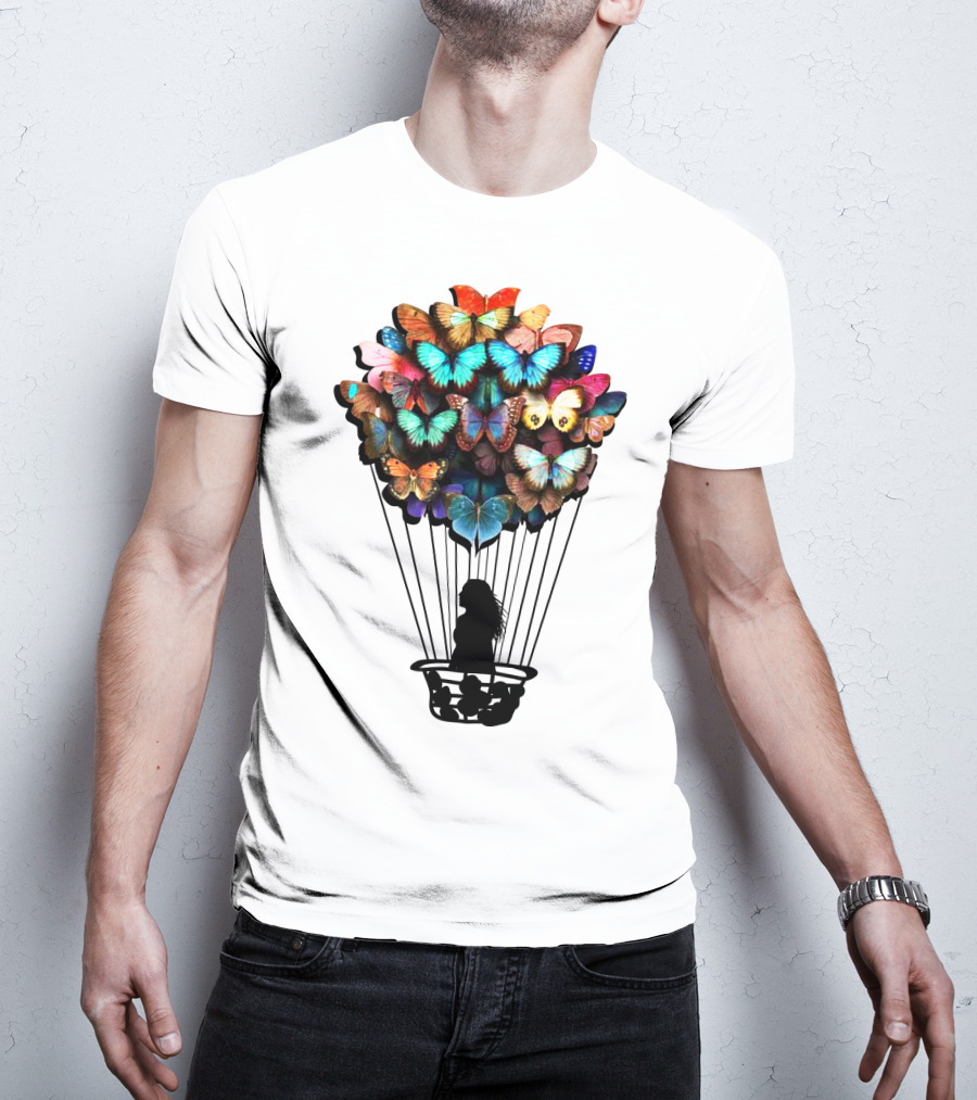 Butterfly BU01 Hot Air Balloon Silhouette With Colorful Wings T-Shirt