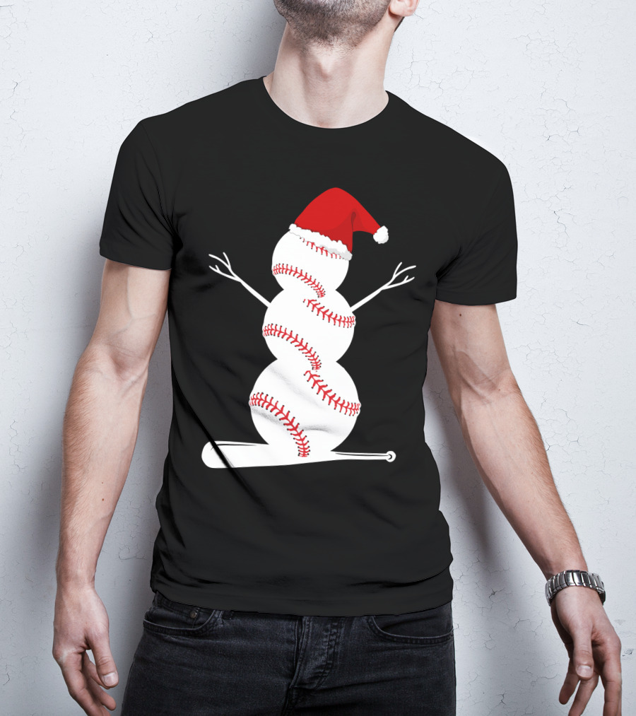 Baseball Snowman Santa Hat Bat Christmas BA01 T-Shirt
