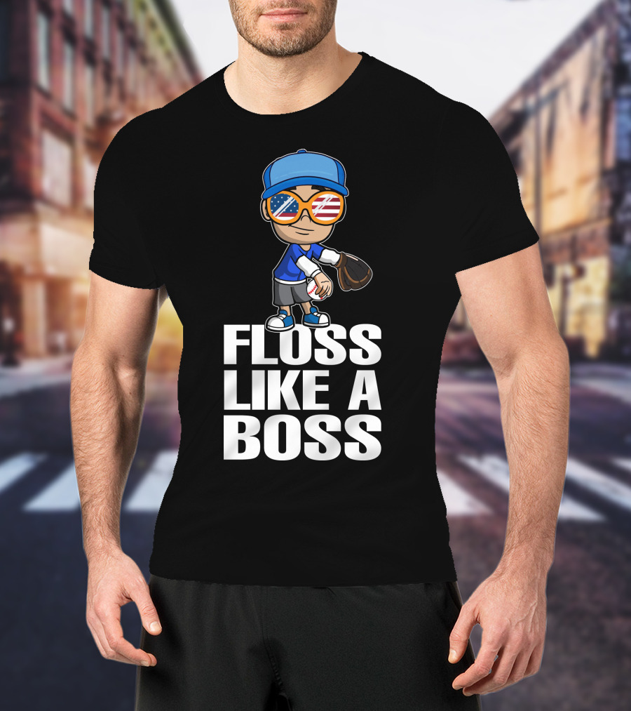 Floss Like A Boss Baseball Player American Flag Sunglasses T-Shirt