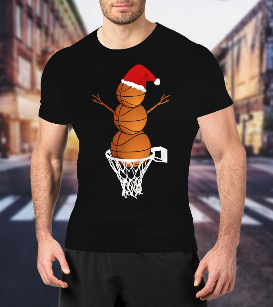 Basketball Snowman With Santa Hat In Hoop T-Shirt