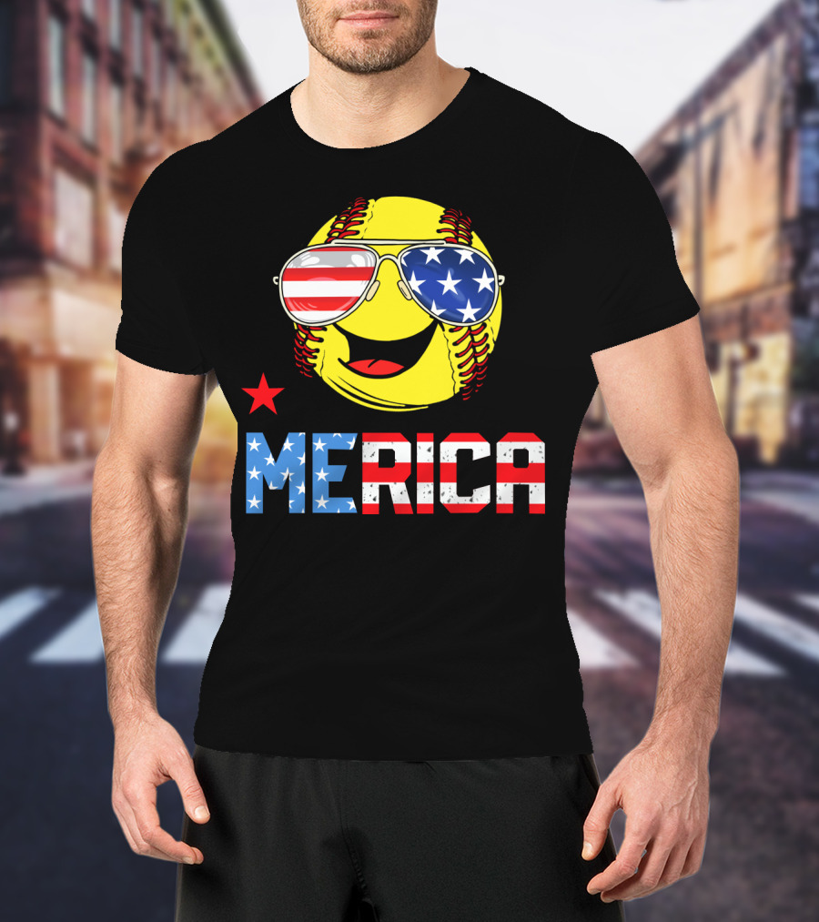 Softball MERICA Smiling Baseball With American Flag Sunglasses T-Shirt