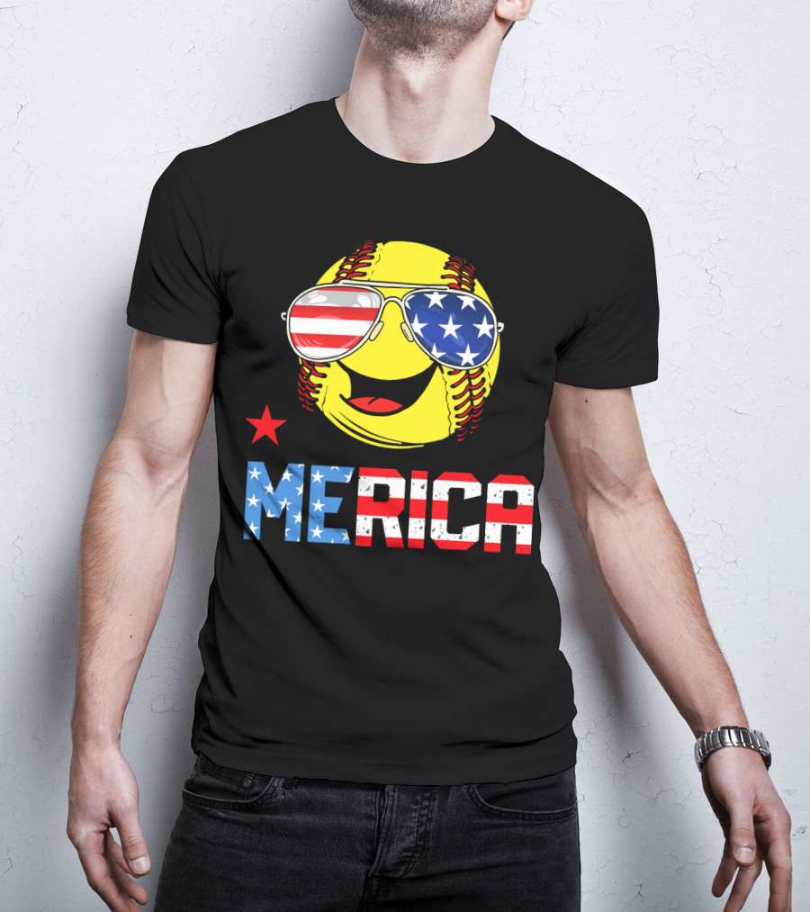 Softball MERICA Smiling Baseball With American Flag Sunglasses T-Shirt