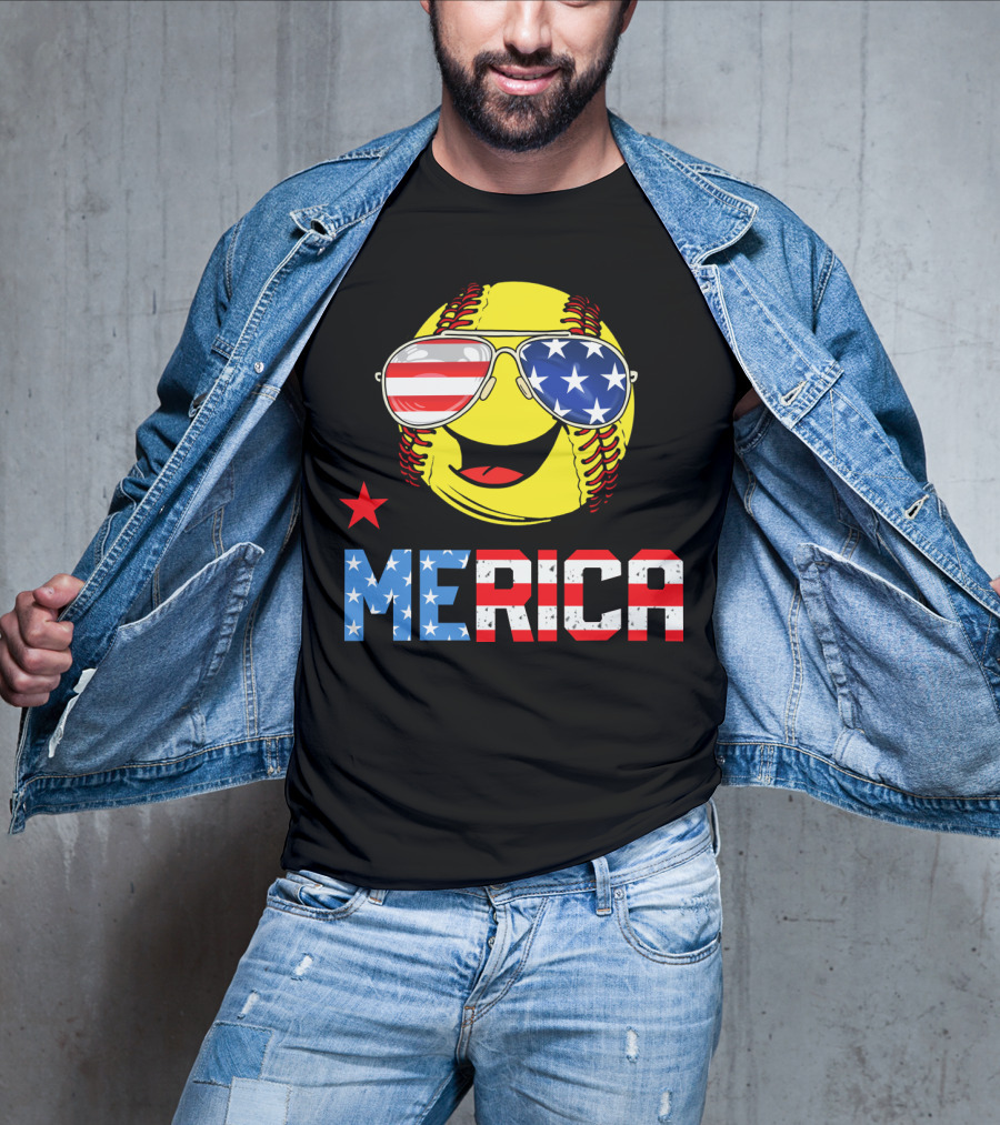 Softball MERICA Smiling Baseball With American Flag Sunglasses T-Shirt