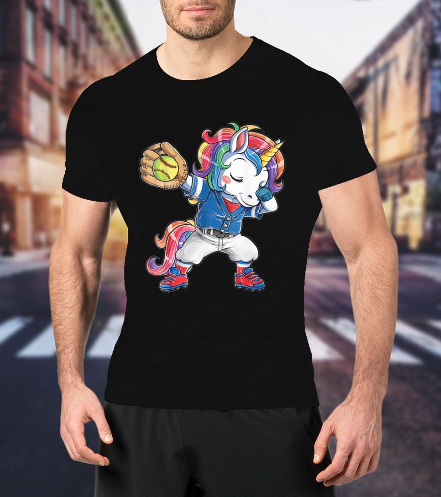Unicorn Dabbing Rainbow Softball Player Catching Glove T-Shirt