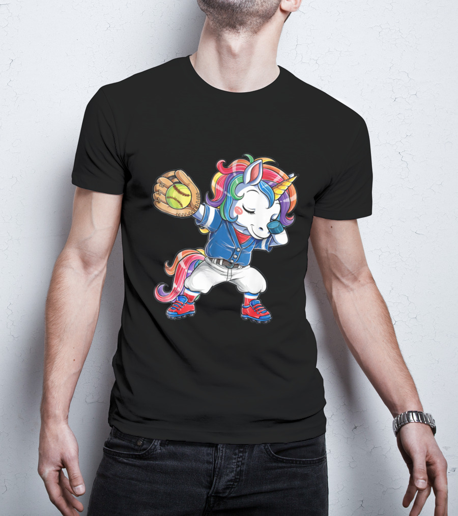 Unicorn Dabbing Rainbow Softball Player Catching Glove T-Shirt