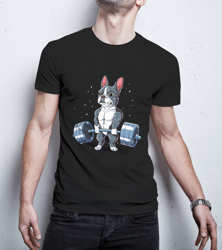 Weight Lifting Boston Terrier With Barbell T-Shirt