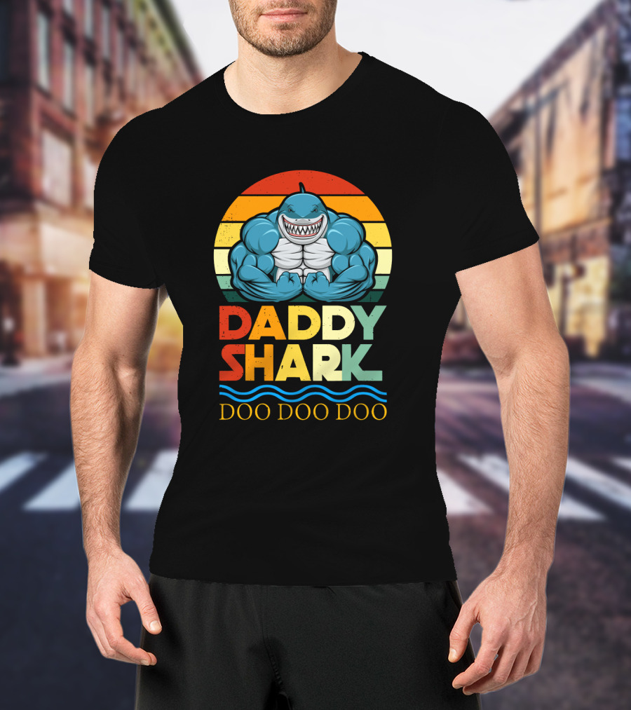 Daddy Shark Doo Doo Doo Retro Weight Lifting Shark T-Shirt