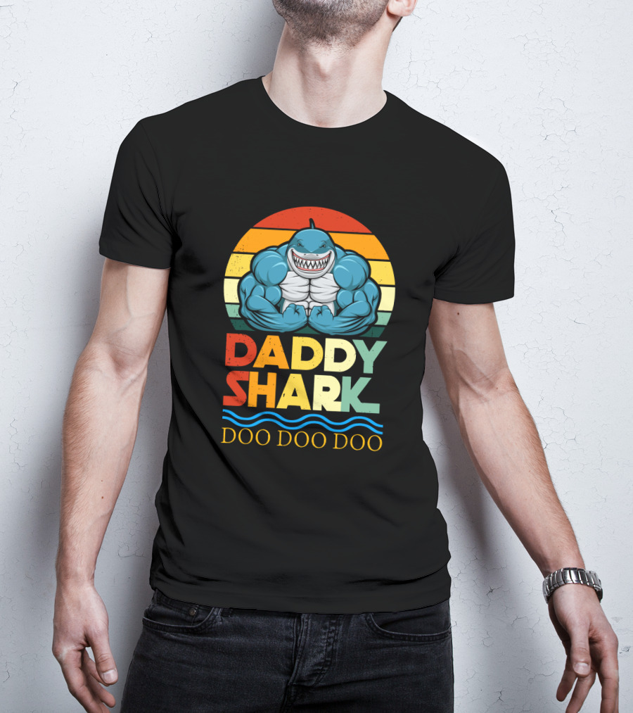 Daddy Shark Doo Doo Doo Retro Weight Lifting Shark T-Shirt