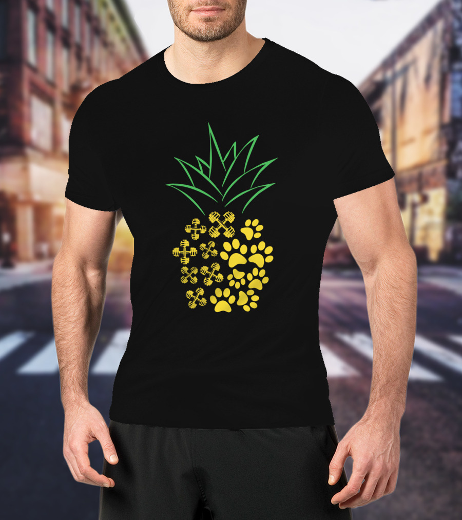 Weight Lifting Pineapple With Dumbbells And Paw Prints T-Shirt