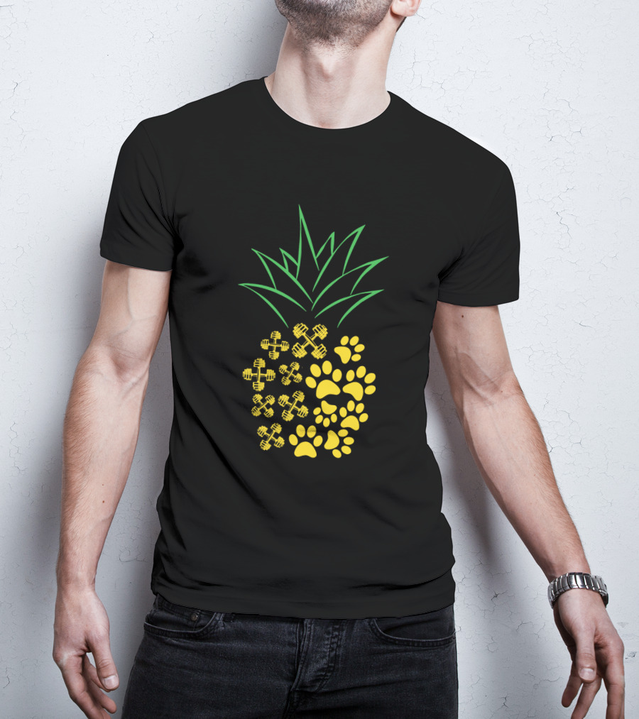 Weight Lifting Pineapple With Dumbbells And Paw Prints T-Shirt