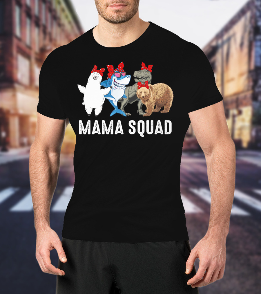 Mama Squad Llama Shark T-Rex Bear Red Bandana T-Shirt