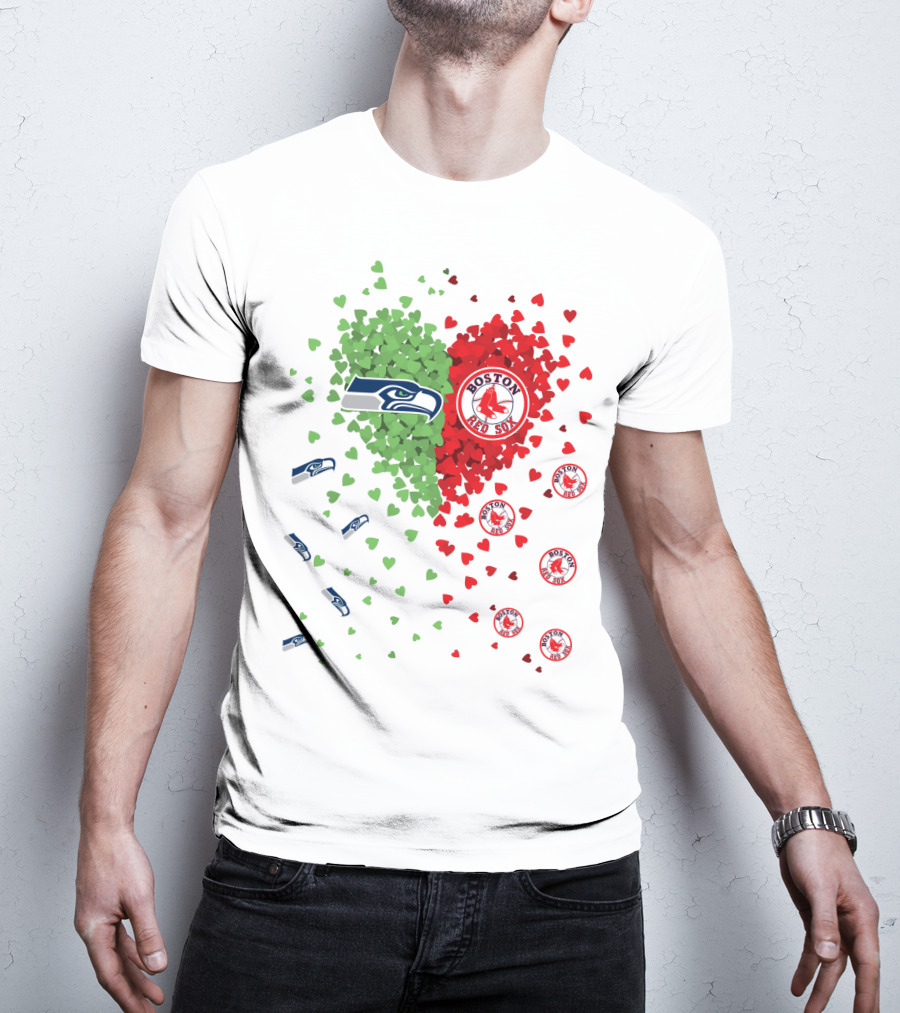 Seahawks And Boston Red Sox Heart Design With Logos And Symbols T-Shirt