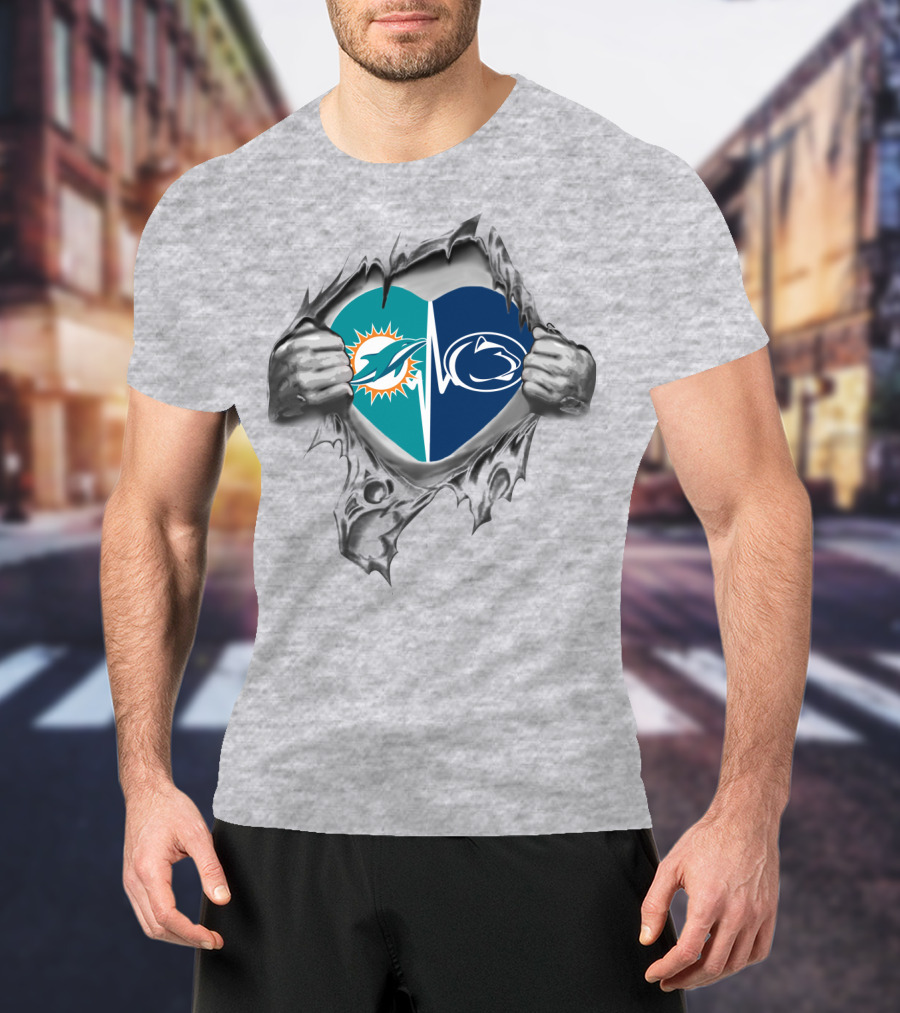 Miami Dolphins Penn State Split Heart Torn Ripped Chest T-Shirt