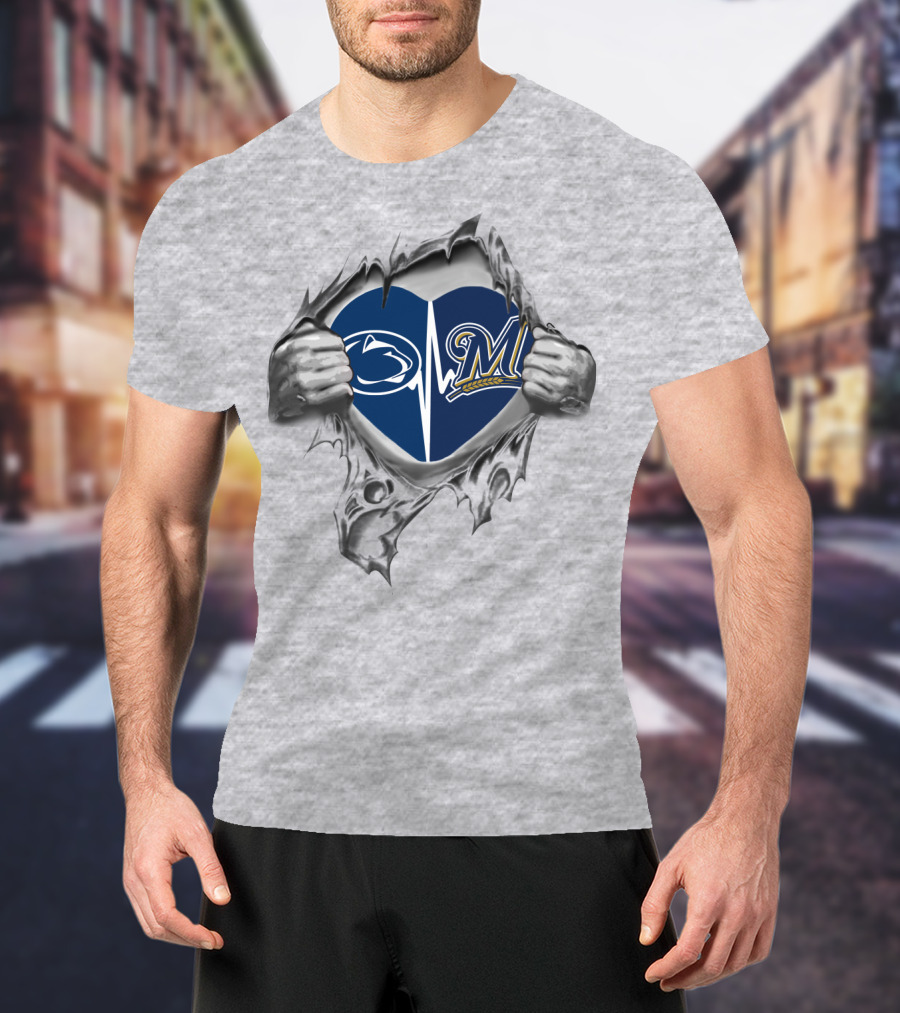 Milwaukee Brewers Penn State Heartbeat Logo Fusion T-Shirt