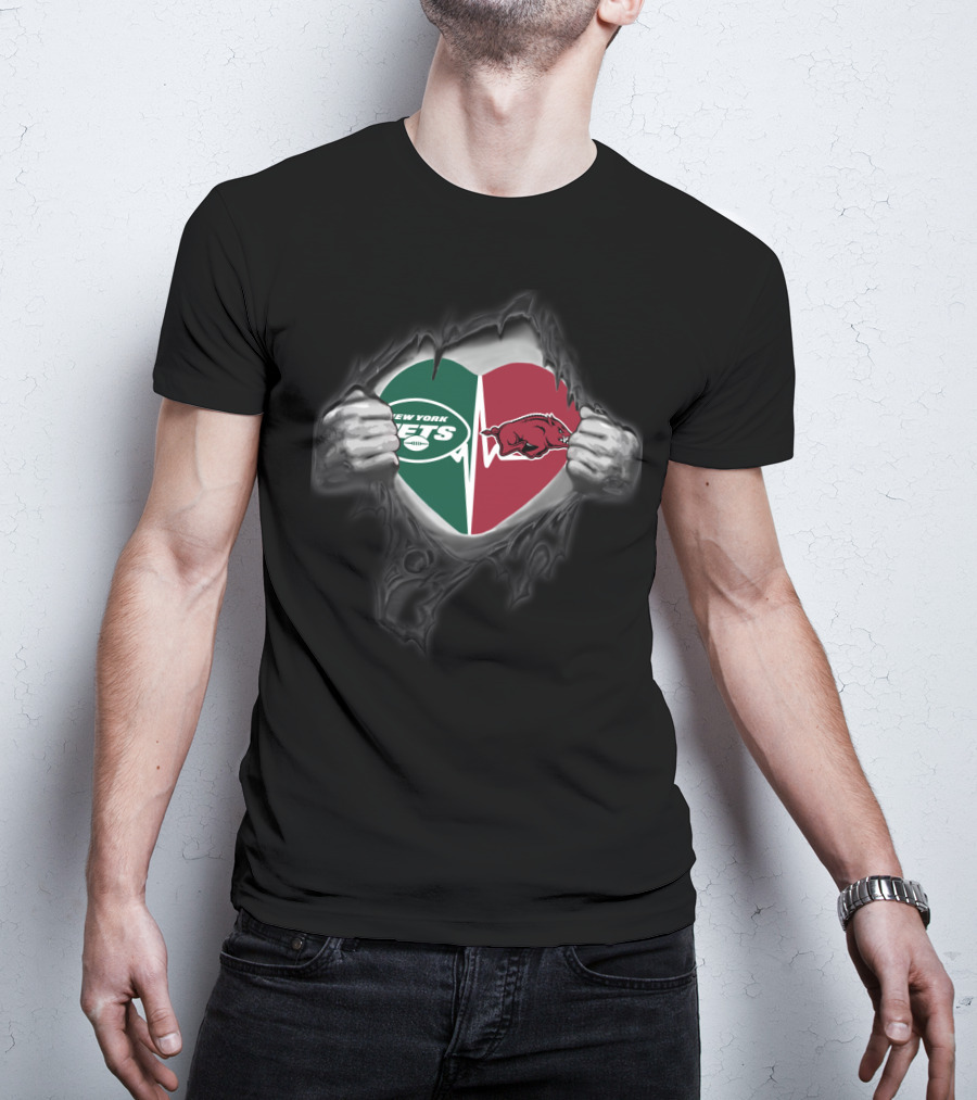 New York Jets Arkansas Razorbacks Heart Torn T-Shirt