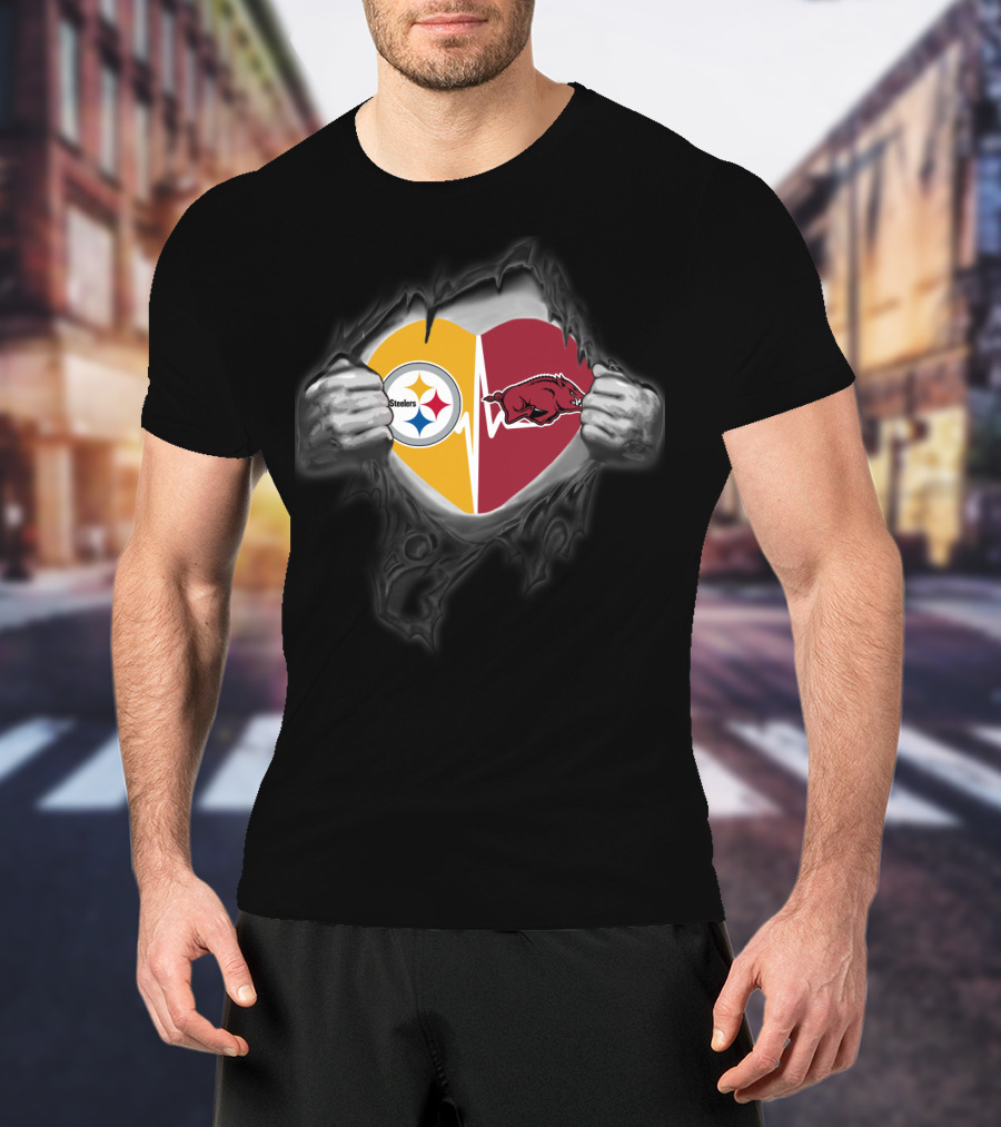 Pittsburgh Steelers Arkansas Razorbacks Heart Logo Fan Crossover T-Shirt