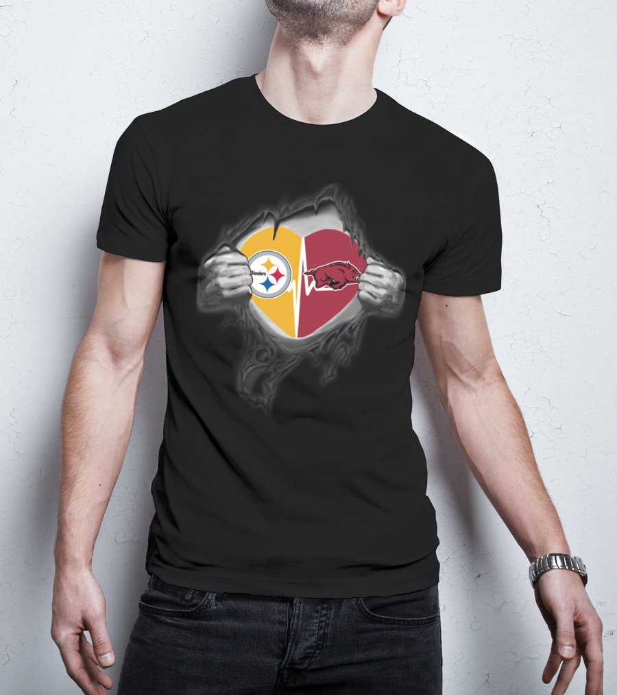 Pittsburgh Steelers Arkansas Razorbacks Heart Logo Fan Crossover T-Shirt