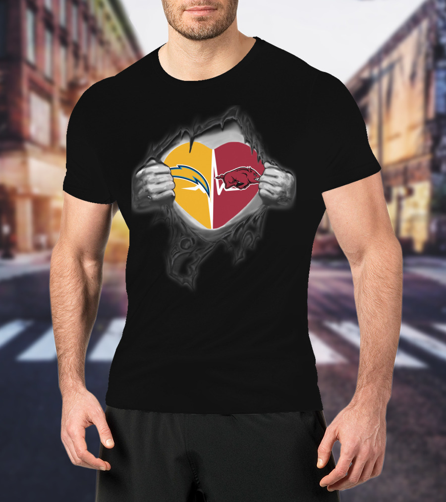Los Angeles Chargers Arkansas Razorbacks Heart Tear Logo Fusion T-Shirt