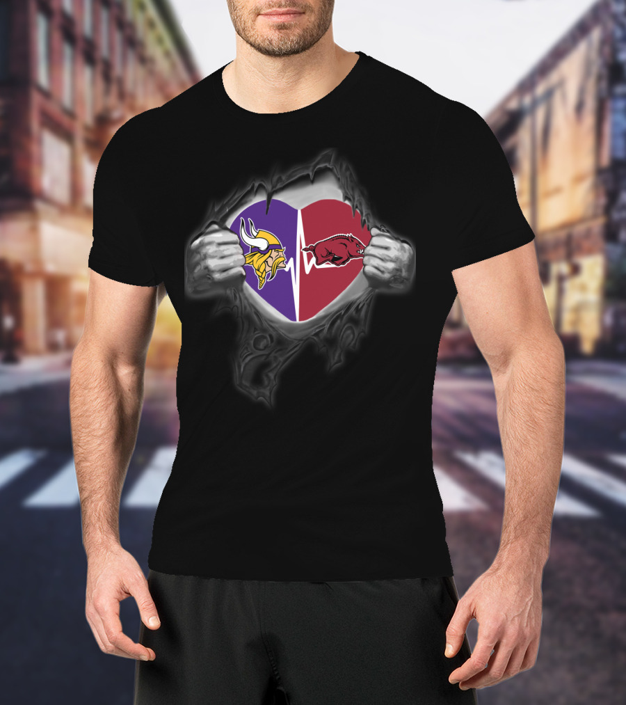 Minnesota Vikings Arkansas Razorbacks Heartbeat Tear T-Shirt