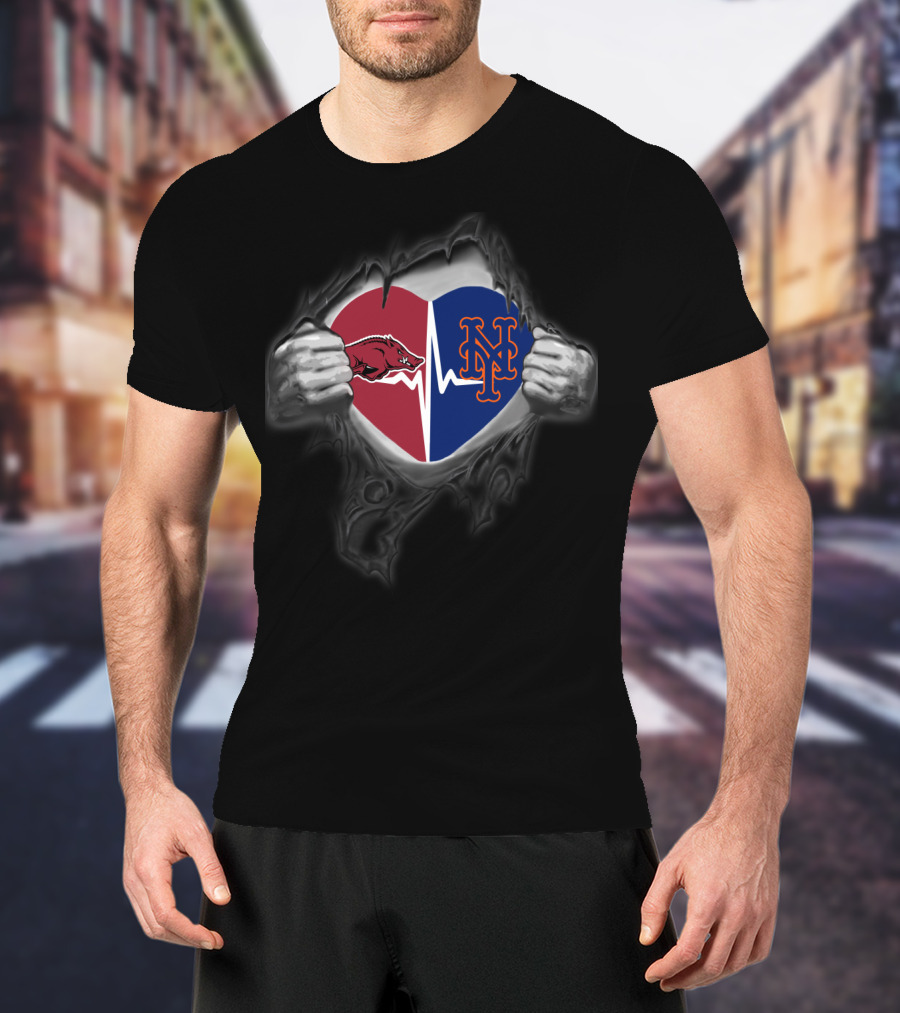 Arkansas Razorbacks New York Mets Heartbeat Logo Collaboration T-Shirt