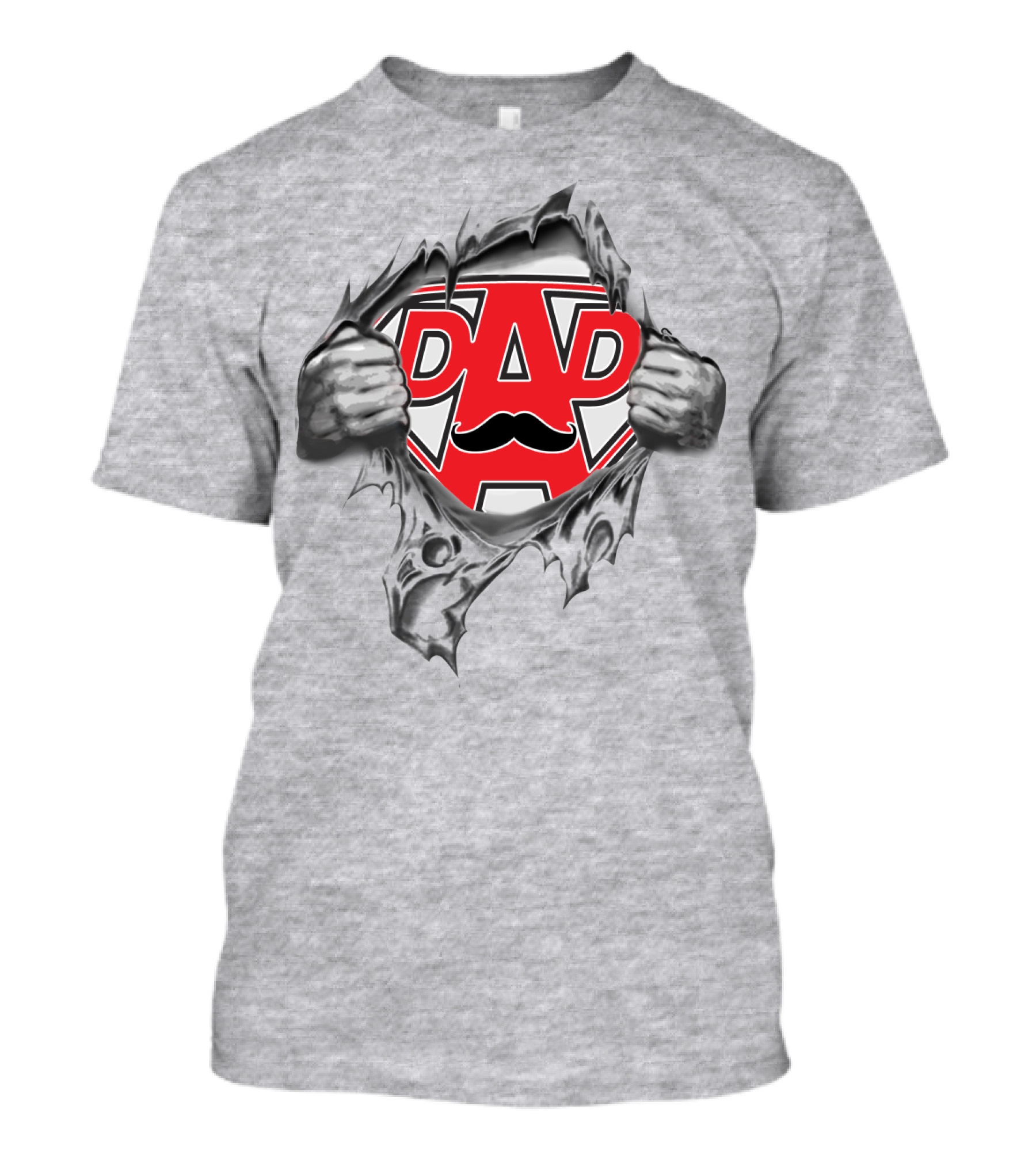 Super Dad Hero Shield With Mustache And Torn Fabric Effect T-Shirt